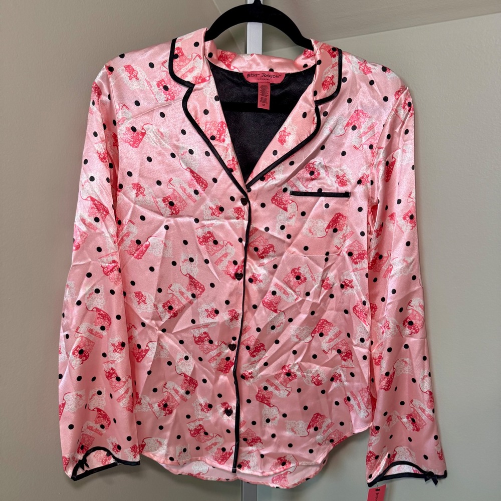 Betsey Johnson Pink Satin Corset Polka Dot Pajama Set 2PC NWT Medium